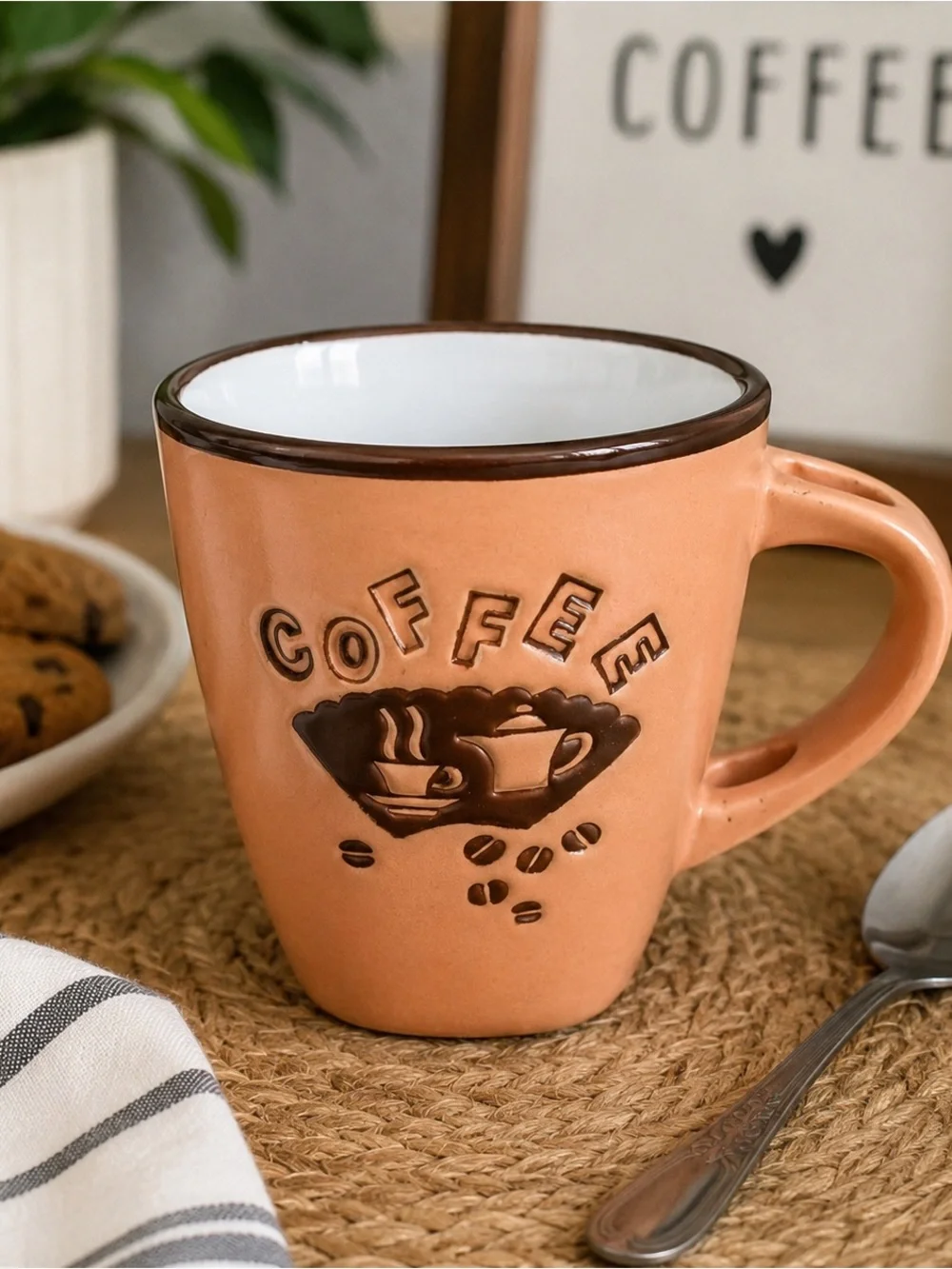 Peach Studio Pottery Style Coffee Mug 8 oz Embossed Brown Ceramic Artisan Retro